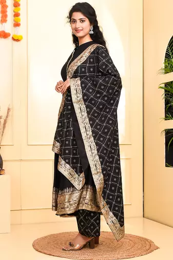women black printed anarkali kurta palazzo and dupatta set