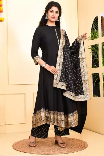 women black printed anarkali kurta palazzo and dupatta set