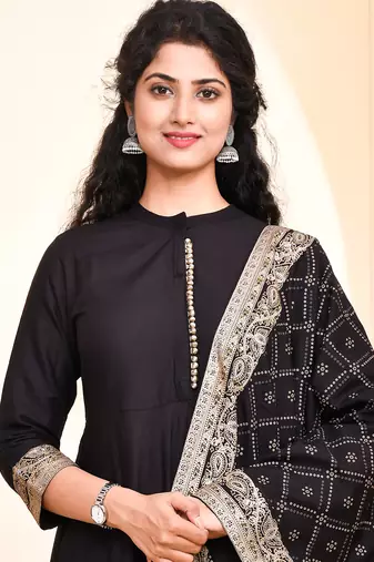 women black printed anarkali kurta palazzo and dupatta set