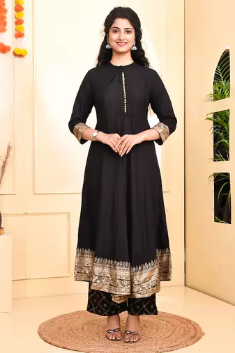women black printed anarkali kurta palazzo and dupatta set