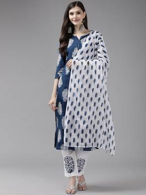 women blue paisley straight kurta palazzo and dupatta set 2