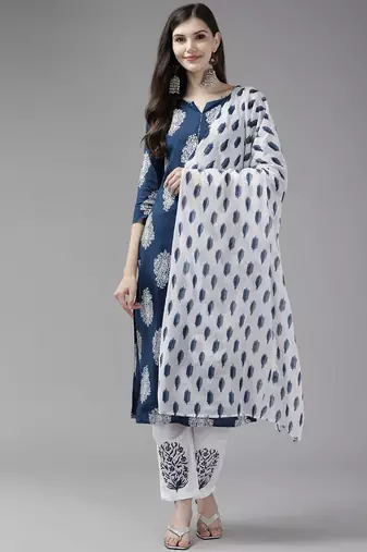 women blue paisley straight kurta palazzo and dupatta set