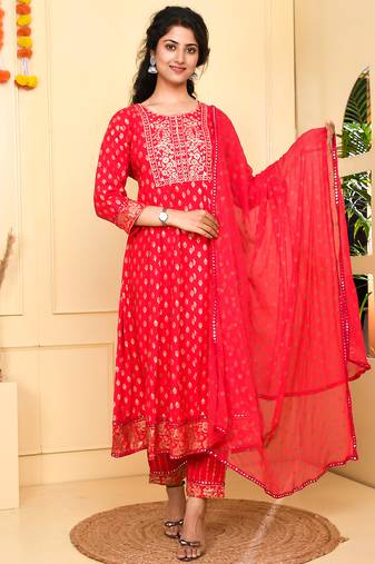 Jaitpuriya women red printed anarkali kurta pant and dupatta set