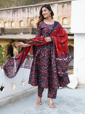 women black floral print anarkali kurta trouser and dupatta set 1