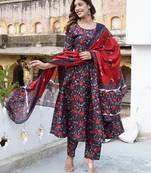 women black floral print anarkali kurta trouser and dupatta set