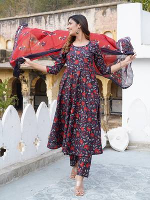 women black floral print anarkali kurta trouser and dupatta set 2