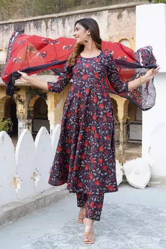 women black floral print anarkali kurta trouser and dupatta set