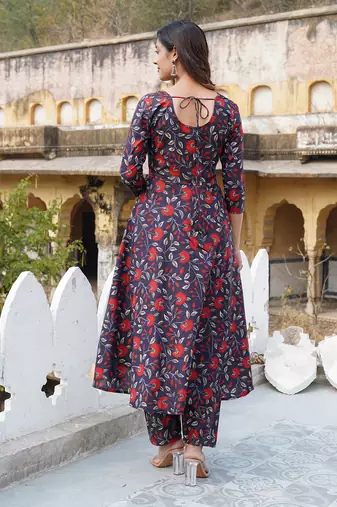 women black floral print anarkali kurta trouser and dupatta set