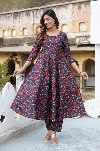 women black floral print anarkali kurta trouser and dupatta set