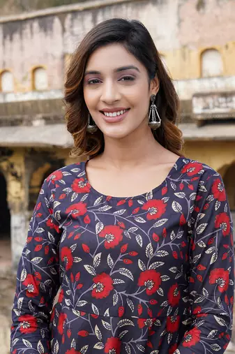 women black floral print anarkali kurta trouser and dupatta set