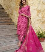 women pink geometric print straight kurta trouser and dupatta set