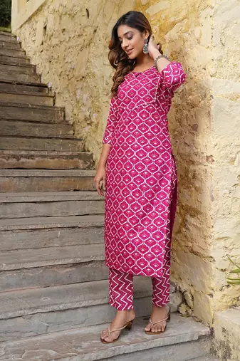 women pink geometric print straight kurta trouser and dupatta set