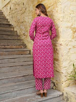 women pink geometric print straight kurta trouser and dupatta set 3
