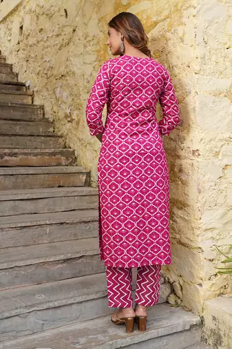 women pink geometric print straight kurta trouser and dupatta set