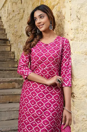 women pink geometric print straight kurta trouser and dupatta set