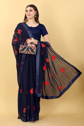 Navy Blue Embroidered Faux Georgette Saree With Blouse (Un-Stitched)