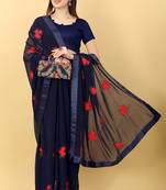 Navy Blue Embroidered Faux Georgette Saree With Blouse (Un-Stitched)