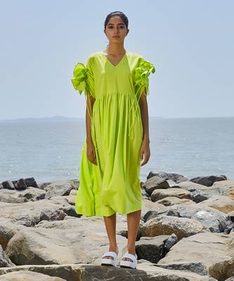 Neon green ruffle sleeve dress 1