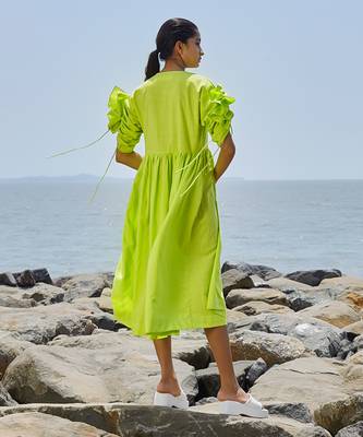Neon green ruffle sleeve dress 2
