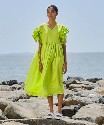 Neon green ruffle sleeve dress 3