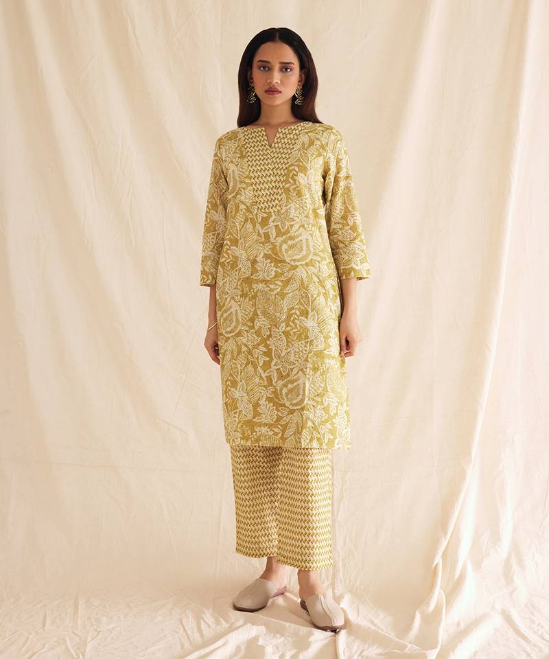 Mustard schiffli cutwork kurta set