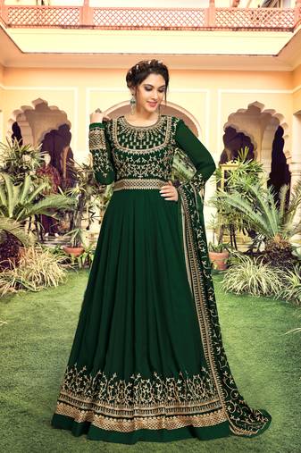 Dark Green Georgette Embroidery Anarkali Salwar Suit Duppata 3 Pieces Set