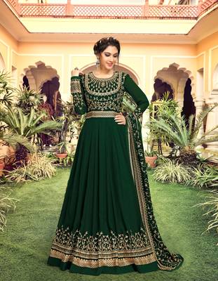 Trendmalls Dark Green Georgette Embroidery Anarkali Salwar Suit Duppata 3 Pieces Set 1