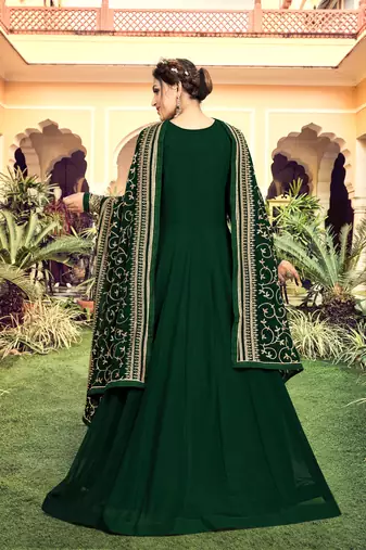 Trendmalls Dark Green Georgette Embroidery Anarkali Salwar Suit Duppata 3 Pieces Set