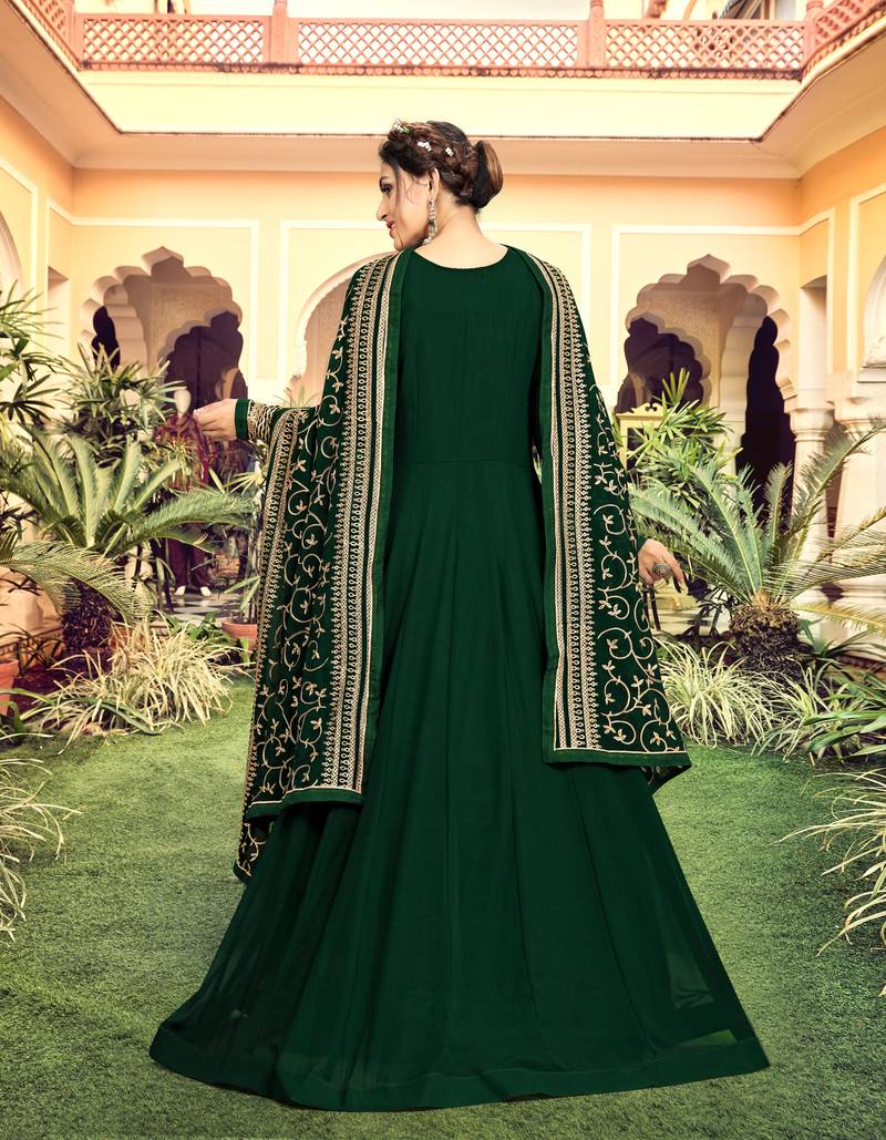 Dark Green Georgette Embroidery Anarkali Salwar Suit Duppata 3 Pieces Set