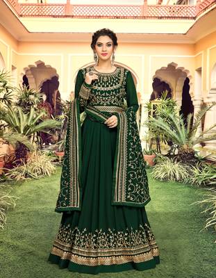 Trendmalls Dark Green Georgette Embroidery Anarkali Salwar Suit Duppata 3 Pieces Set 4