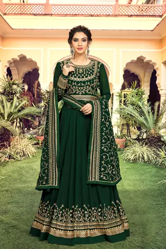 Trendmalls Dark Green Georgette Embroidery Anarkali Salwar Suit Duppata 3 Pieces Set