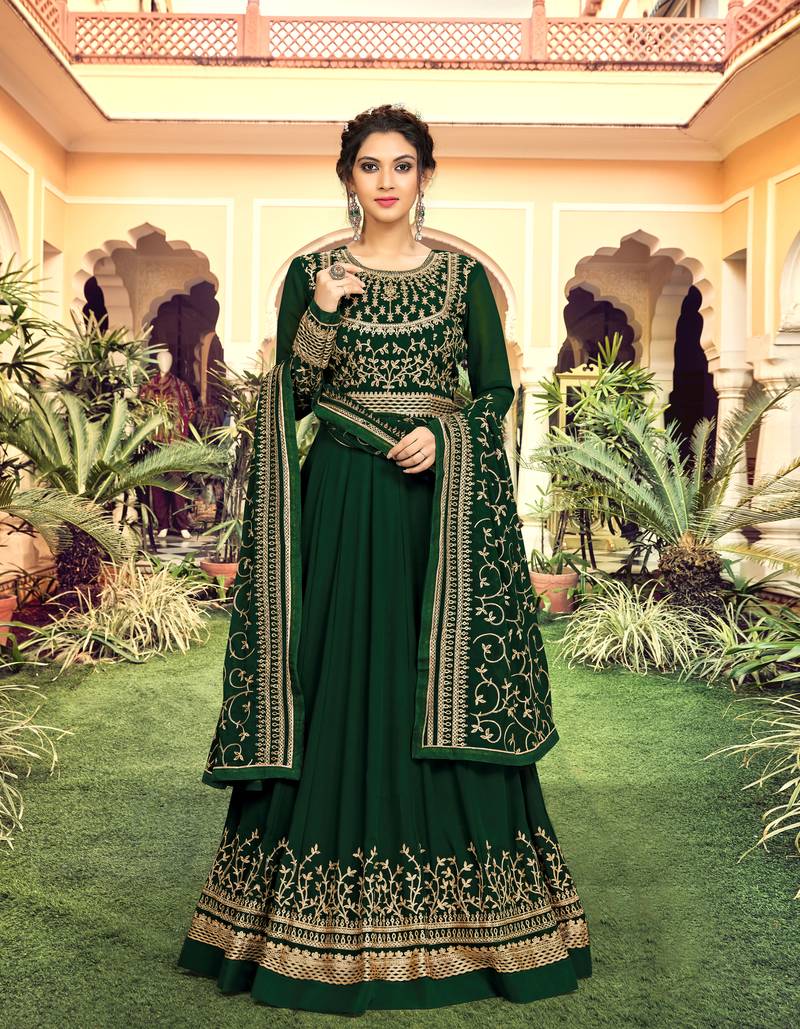 Dark Green Georgette Embroidery Anarkali Salwar Suit Duppata 3 Pieces Set