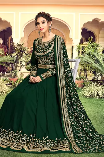 Trendmalls Dark Green Georgette Embroidery Anarkali Salwar Suit Duppata 3 Pieces Set
