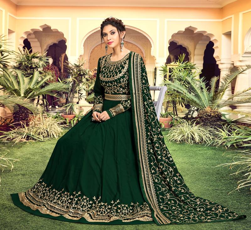 Dark Green Georgette Embroidery Anarkali Salwar Suit Duppata 3 Pieces Set