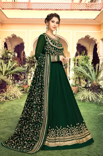 Trendmalls Dark Green Georgette Embroidery Anarkali Salwar Suit Duppata 3 Pieces Set