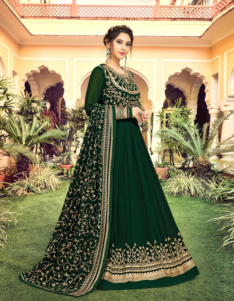 Dark Green Georgette Embroidery Anarkali Salwar Suit Duppata 3 Pieces Set