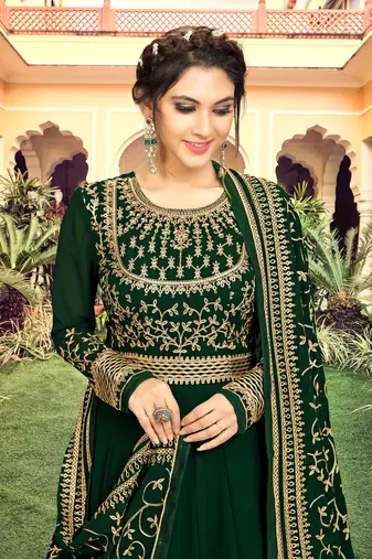 Trendmalls Dark Green Georgette Embroidery Anarkali Salwar Suit Duppata 3 Pieces Set