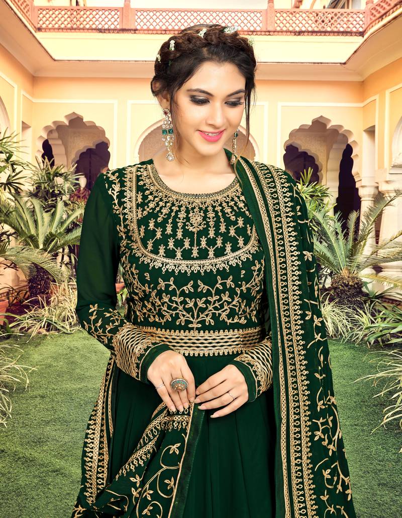 Dark Green Georgette Embroidery Anarkali Salwar Suit Duppata 3 Pieces Set