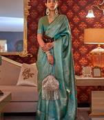 KORAMS DESIGN KABBY SILK ZARI WOVEN TEAL FLORAL DESIGN CASUAL WEAR SILK SAREE WITH BLOUSE