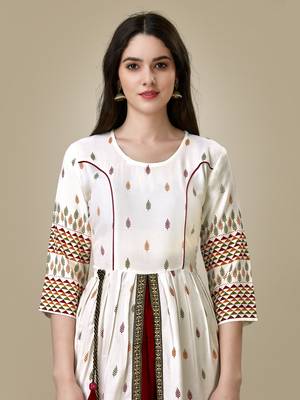 White Printed Rayon Ethnic Anarkali Gown 3