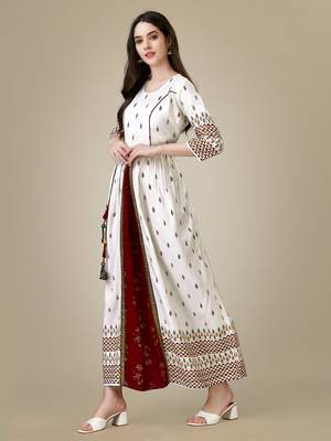 White Printed Rayon Ethnic Anarkali Gown 4