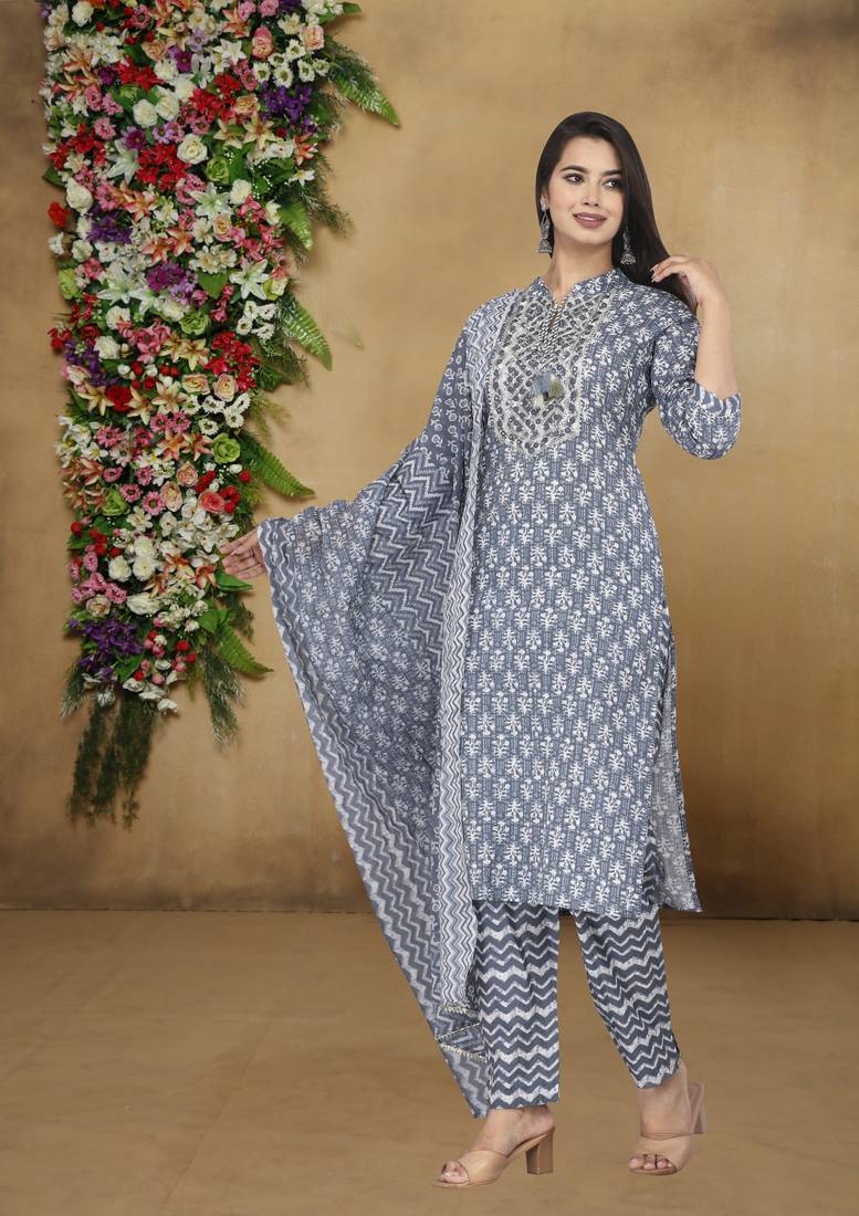 Women Floral Printed Pure Cotton Grey Jaipuri Tunic