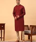 Tabard Maroon Plain Full sleeves Regular fit Kurta Churidar Set