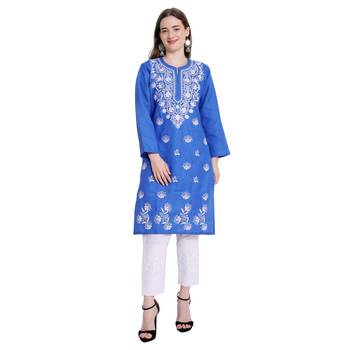 Lucknowi straight embroidered cotton kurta set 1