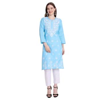 Lucknowi straight embroidered cotton kurta set 1