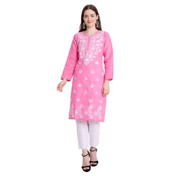 Lucknowi straight embroidered cotton kurta set 1