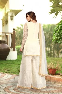 White Cotton Embroidery Kurta Plazo with Dupatta Salwar Suit 3 Pics Set 2