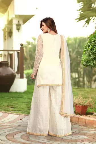 Trendmalls White Cotton Embroidery Kurta Plazo with Dupatta Salwar Suit 3 Pics Set