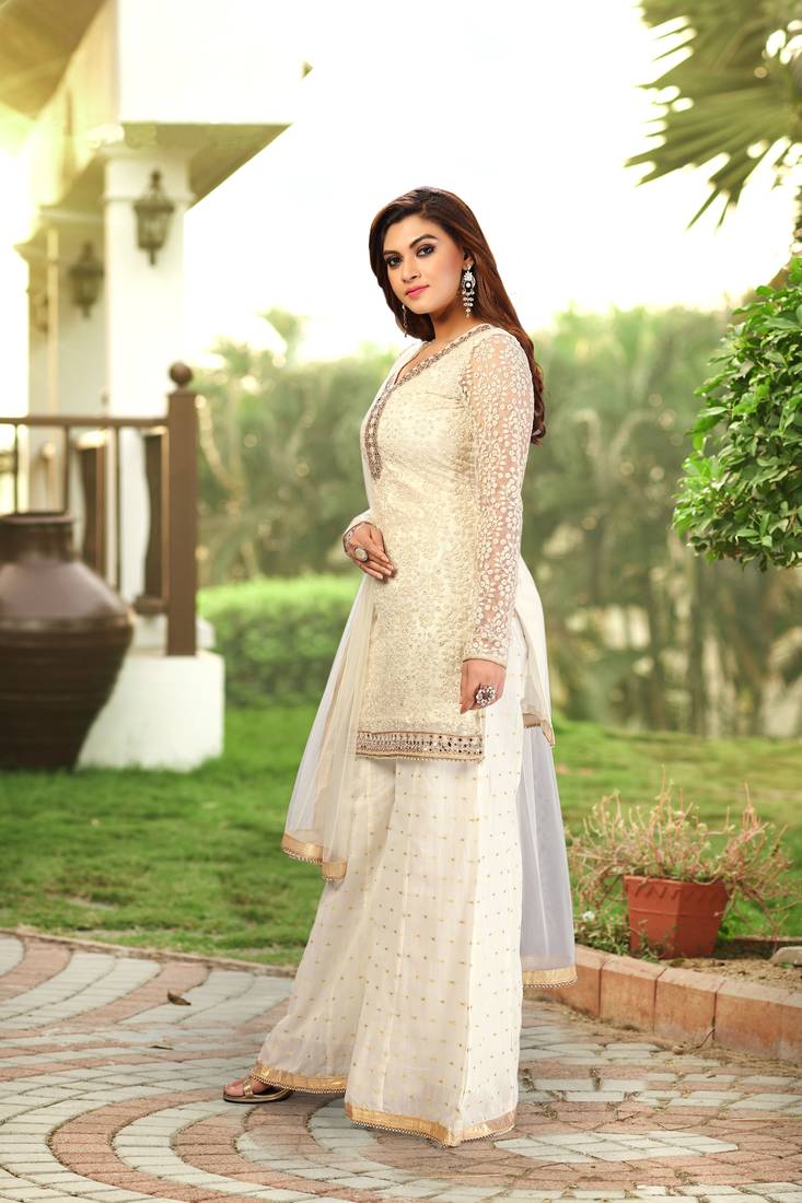 White Cotton Embroidery Kurta Plazo with Dupatta Salwar Suit 3 Pics Set