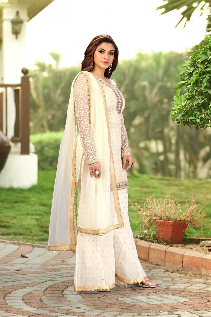 White Cotton Embroidery Kurta Plazo with Dupatta Salwar Suit 3 Pics Set
